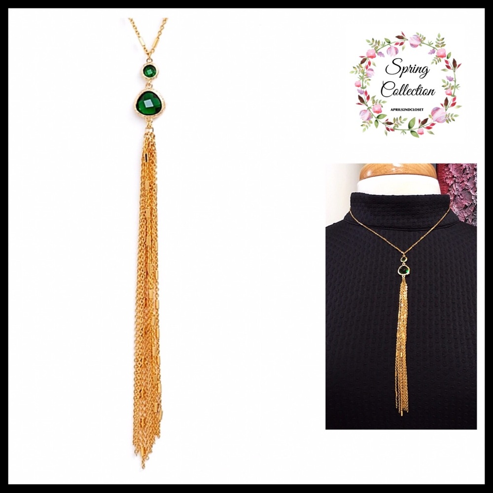 LONG EMERALD STONE TASSEL LONG NECKLACE A2C - Picture 8 of 8
